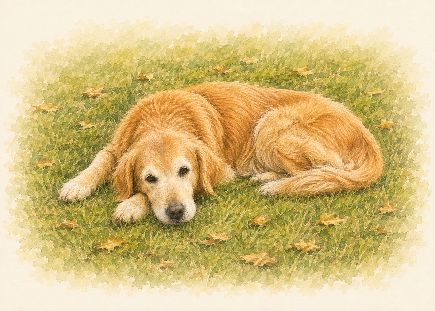 Watercolor artwork of senior Golden Retriever Qiqi resting on autumn grass.