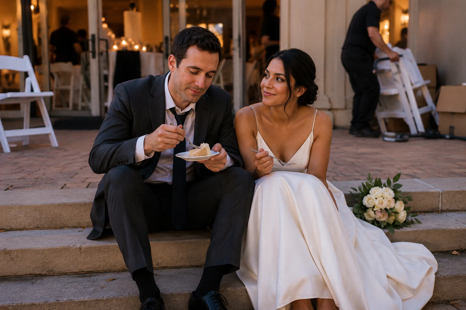 Daniel and Sofia sharing wedding cake on the steps while chairs are stacked after the celebration.