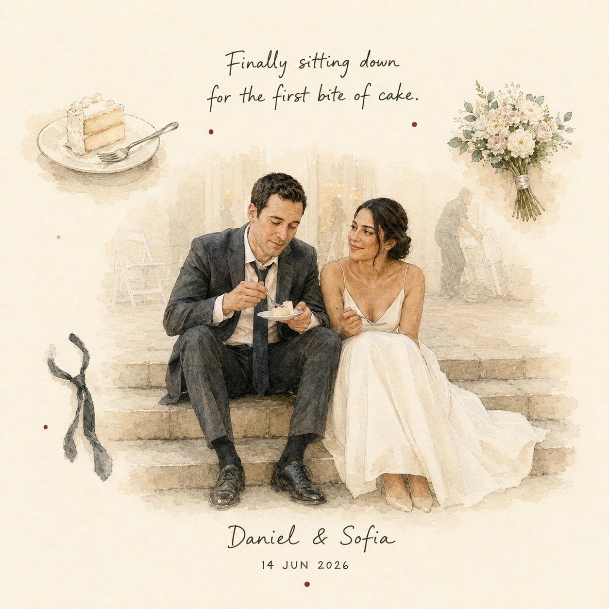 English wedding story plate artwork for Daniel and Sofia, preserving the first bite of cake after the celebration.