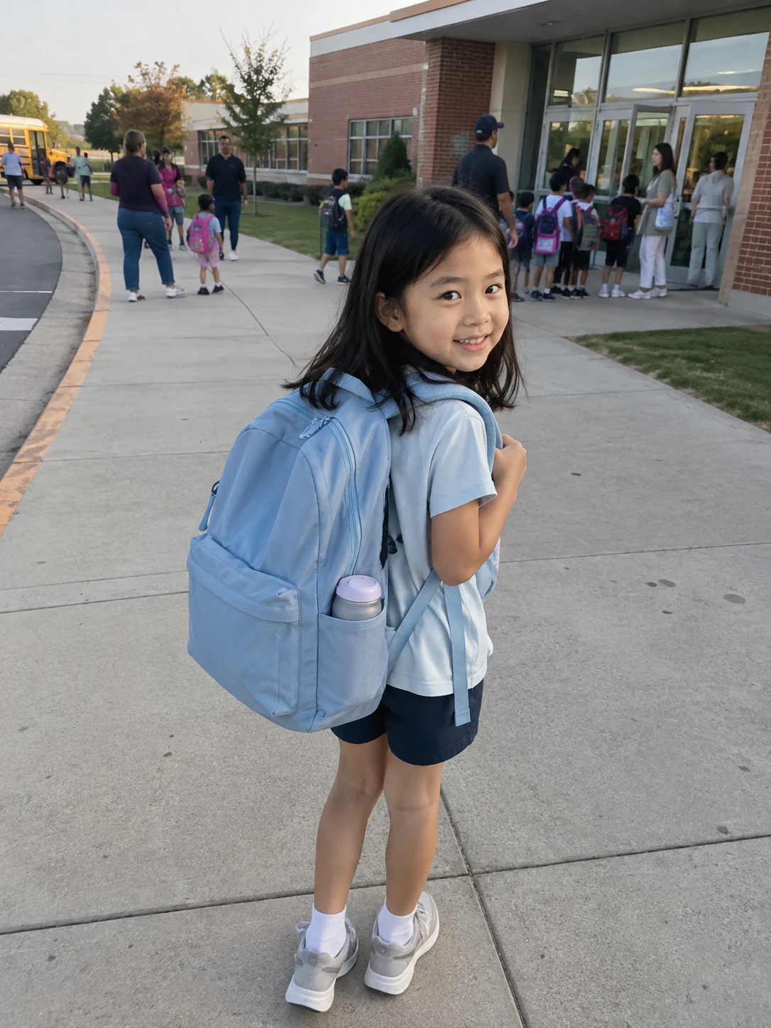 Mia Chen looking back outside elementary school on her first day with a blue backpack.