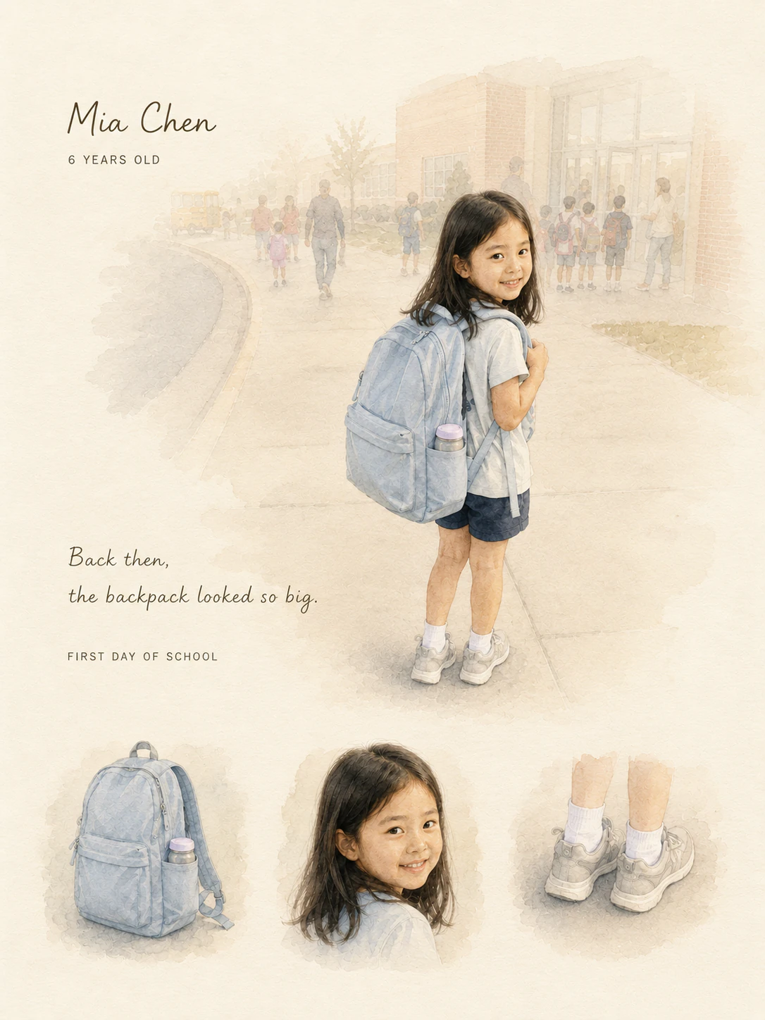 English Growing Years portrait artwork of Mia Chen at six with her oversized school backpack.