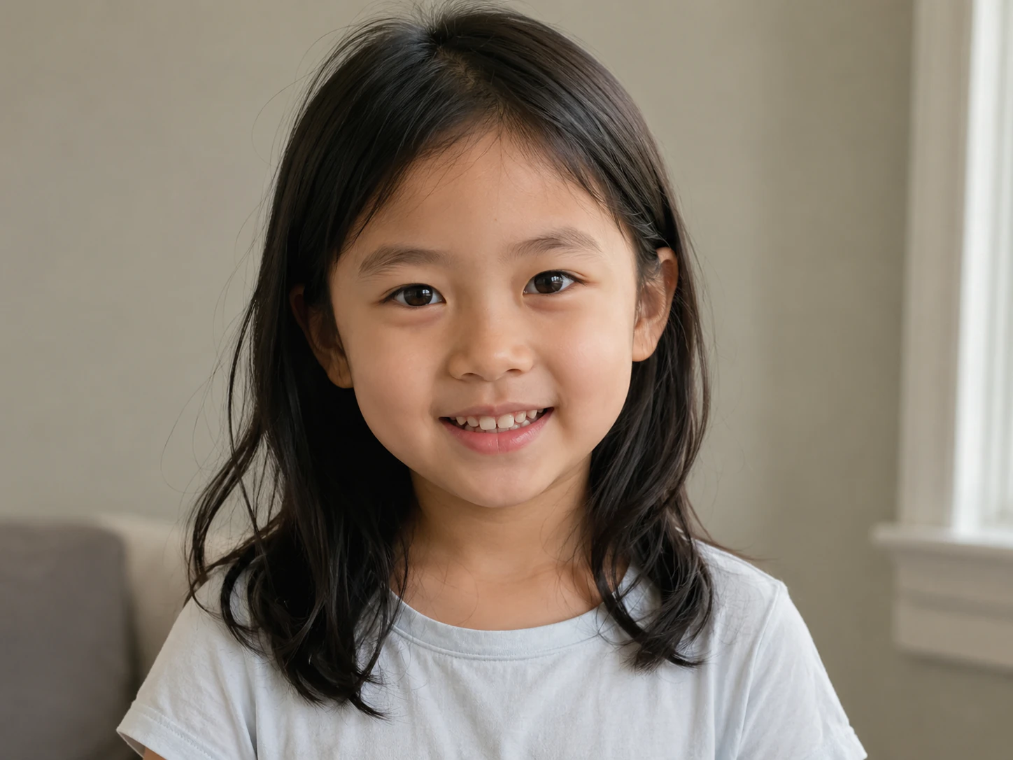 Identity portrait of six-year-old Mia Chen showing her face and changing teeth.