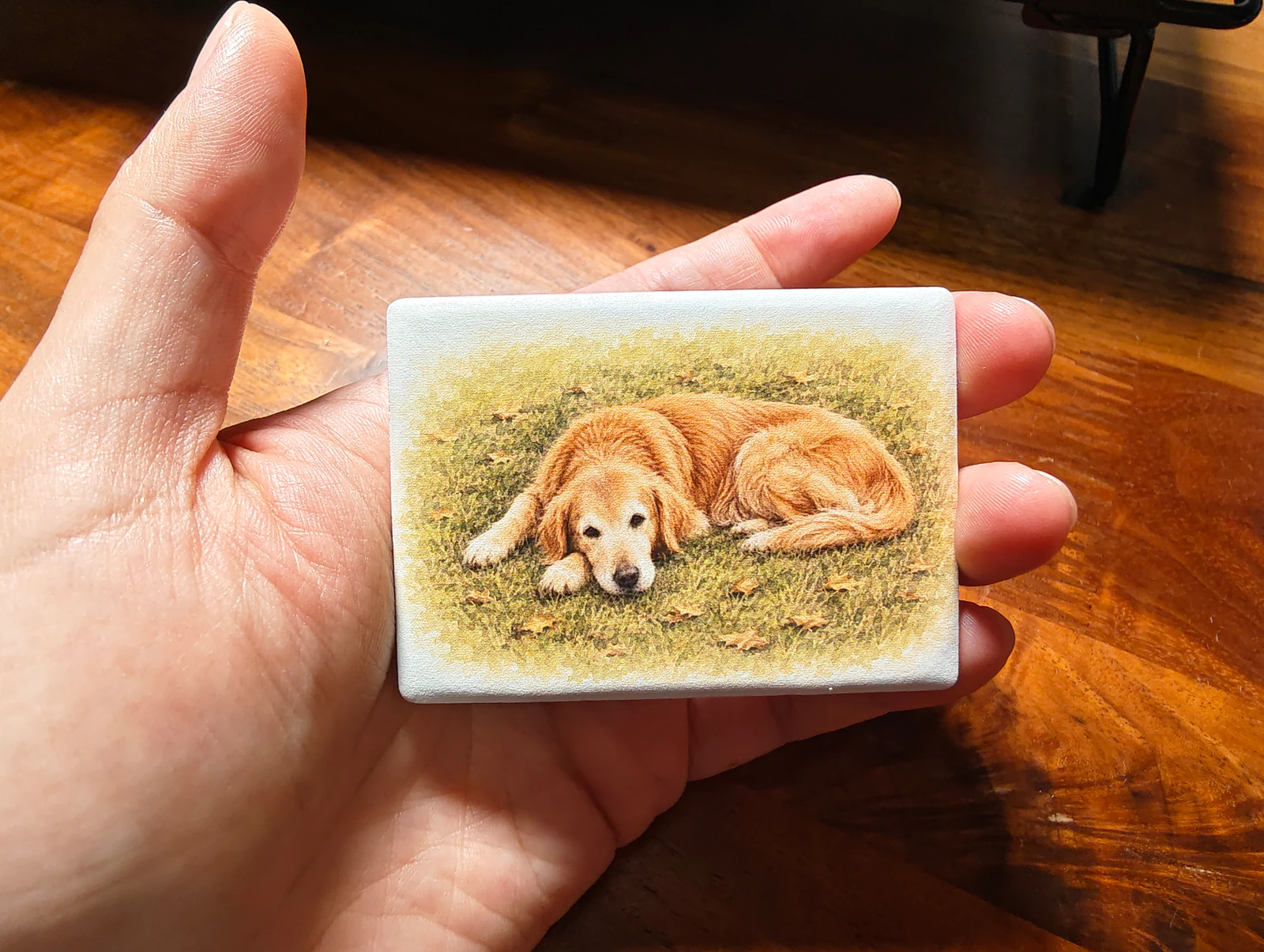 Real five-by-seven-centimeter ceramic Qiqi magnet held in a hand in sunlight.